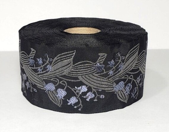 KAFKA H-02/32 Jacquard Ribbon Organic Trim 1-1/2" wide (38mm) Black w/Iridescent Lilies of the Valley