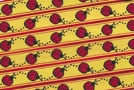 INSECTS C-05-B Jacquard Ribbon Polyester Trim 5/8" wide (16mm) VINTAGE Yellow Background w/Red & Black Ladybugs, REMNANTS