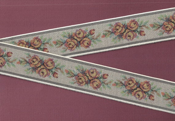 FLORAL TAPESTRY K-02-A Jacquard Ribbon Cotton Trim 2" wide (50mm) Vintage "Petit-Point" Design in Beige w/Variegated Yellow/Peach Roses