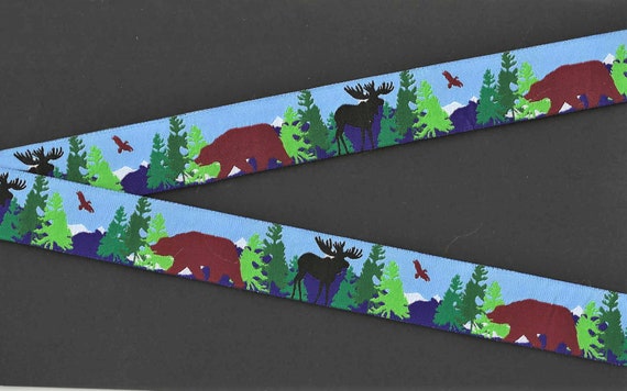 RDS F-19-D Jacquard Ribbon Poly Trim 1" Wide (25mm) Brown Bears Black Moose Eagles Mountains & Trees