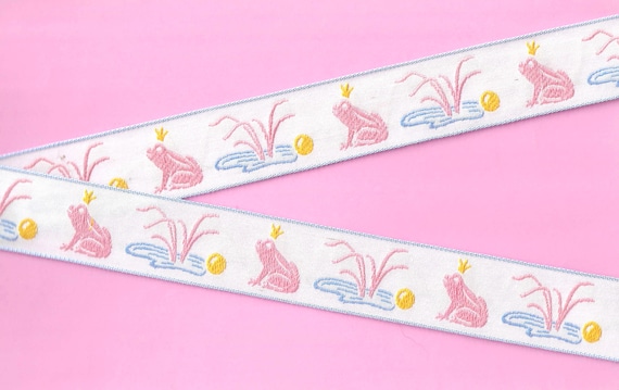 CHILDREN's Fairy Tales E-02-A Jacquard Ribbon Cotton Trim 1-1/8" wide (22mm) Made in France, White w/Frog Prince