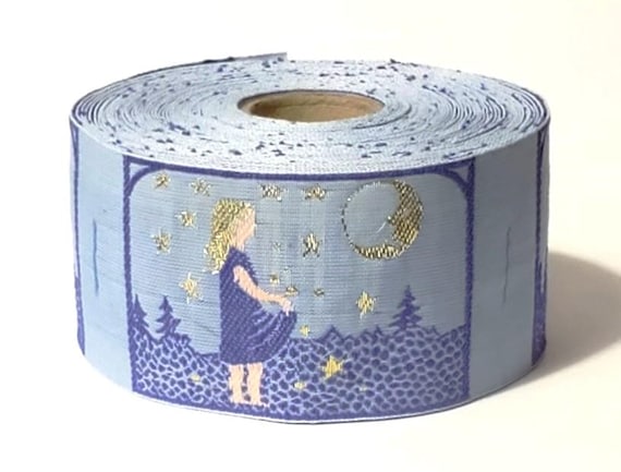 KAFKA H-09/05 Jacquard Ribbon Woven Organic Cotton Trim 1-5/8" wide (42mm) "Starcatcher" Girl w/Apron, Lilac Blue w/Gold Metallic Stars Moon