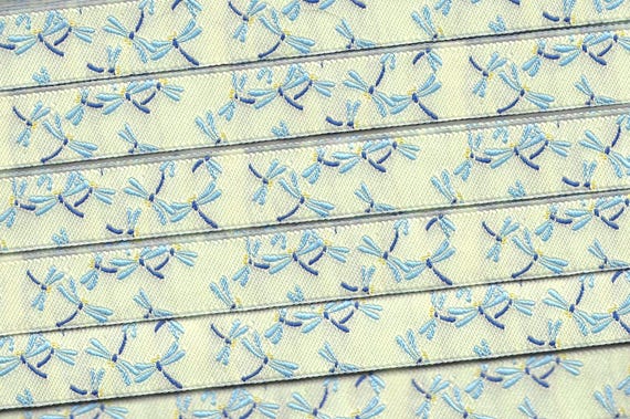 INSECTS C-06-A Jacquard Ribbon Poly Trim 5/8" Wide (16mm) Pale Aqua Background w/Blue Dragonflies & Yellow Accents