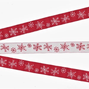 SNOWFLAKES C-07-A Jacquard Ribbon Polyester Trim 5/8&quot; wide (16mm) REVERSIBLE Red Background w/White Snowflakes