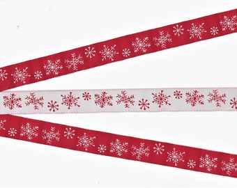 SNOWFLAKES C-07-A Jacquard Ribbon Poly Trim 5/8" wide (16mm) REVERSIBLE Red w/White Snowflakes
