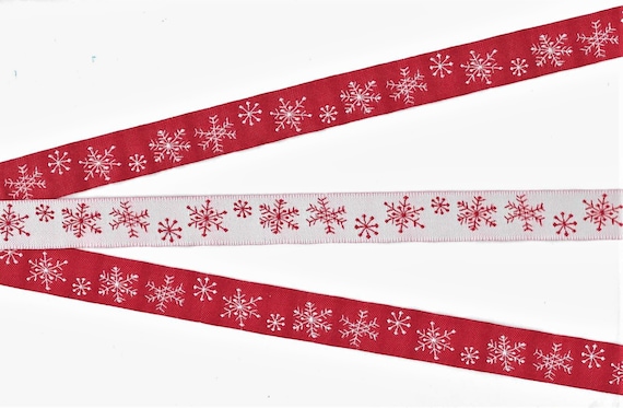 SNOWFLAKES C-07-A Jacquard Ribbon Polyester Trim 5/8" wide (16mm) REVERSIBLE Red Background w/White Snowflakes