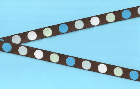 POLKA DOTS C-23-B Jacquard Ribbon Poly Trim 5/8" wide (16mm) Brown Background w/White, Mint Green, Pale Blue and Sky Blue Dots