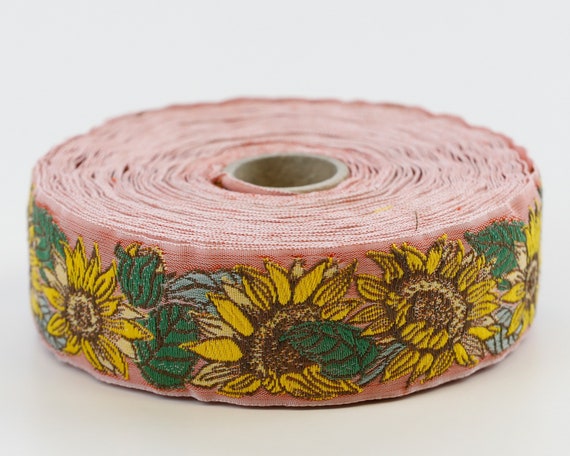 KAFKA G-18/04 Jacquard Ribbon Woven Organic Cotton Trim 1-1/4" wide (32mm) Peach w/Yellow & Brown Sunflowers, Olive Green Leaves