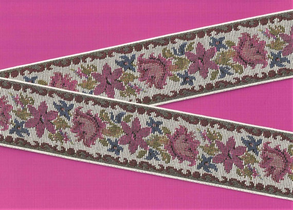 FLORAL TAPESTRY M-06-A Jacquard Ribbon Cotton Trim 2-3/8" wide (60mm) Pink, Plum & Blue Flowers, Green Accents on Lt Gray Background