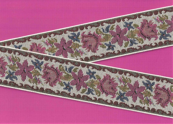 FLORAL TAPESTRY M-06-A Jacquard Ribbon Cotton Trim, 2-3/8" Wide (60mm) Pink, Plum & Blue Flowers, Green Accents on Lt Gray