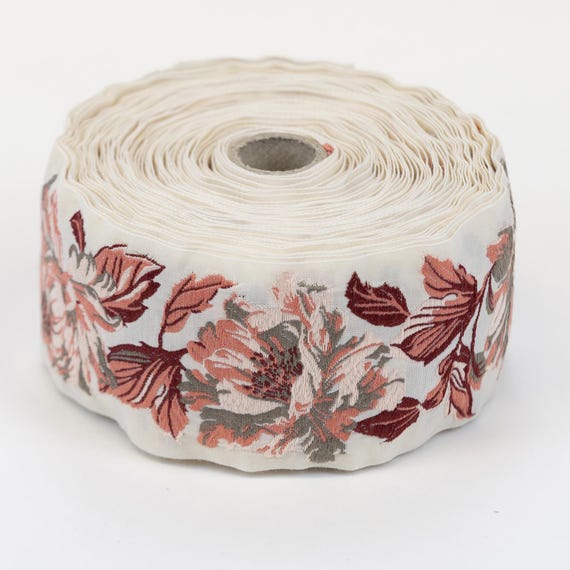 KAFKA L-08/03 Jacquard Ribbon Woven Organic Cotton Trim 2-3/8" wide (60mm) NEW! Ivory w/Large Peonies in Pink, Apricot, Taupe & Burgundy