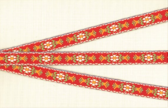 FLORAL C-03-B Jacquard Ribbon Cotton Trim 5/8" wide (16mm) NORDIC, Red w/White Borders White/Yellow Flowers, Green Leaves