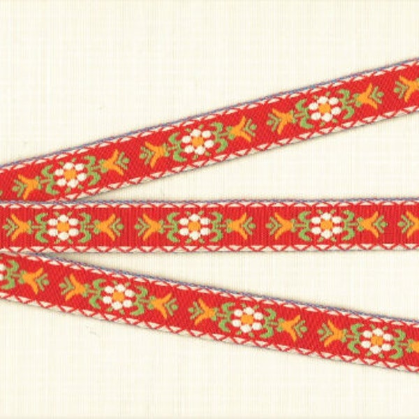 FLORAL C-03-B Jacquard Ribbon Cotton Trim 5/8" wide (16mm) NORDIC, Red w/White Borders White/Yellow Flowers, Green Leaves