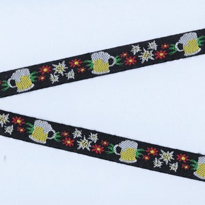 NOVEDAD/Jarras de cerveza C-01-A Cinta jacquard de poliéster de 16 mm de ancho. Fabricadas en Francia. ¡OKTOBERFEST! Jarras de cerveza y flores de edelweiss.