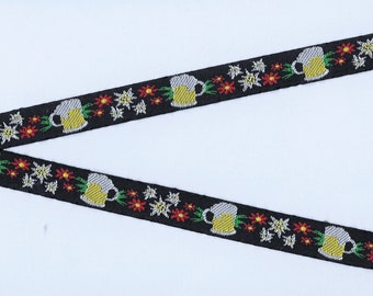 NEUHEITEN/Bierkrüge C-01-A Jacquard Band Polyester Paspelband 16 mm Breite Made in France OKTOBERFEST! Bierkrüge & Edelweiß