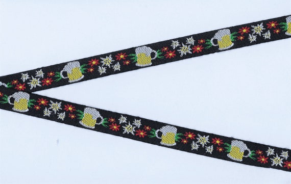 NOVELTY/Beer Steins C-01-A Jacquard Ribbon Poly Trim 5/8" Wide (16mm) Made in France OKTOBERFEST! Beer Steins & Edelweiss Flowers, Per Yard