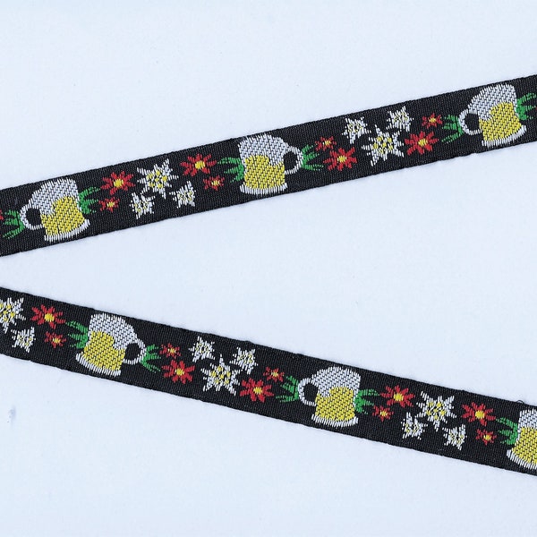 NOVELTY/Beer Steins C-01-A Jacquard Ribbon Polyester Trim 5/8" Wide (16mm) Made in France OKTOBERFEST! Beer Steins & Edelweiss Flowers