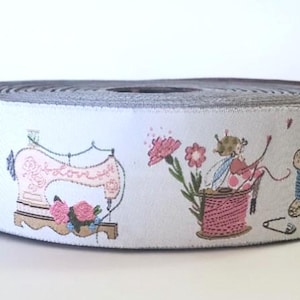 SILKE LEFFLER Jacquard Ribbon Woven Trim 1-5/16&quot; wide (30mm) From Germany &quot;Thread Game&quot; Pale Gray w/Ladies holding Floral Bouquets