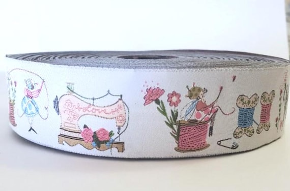 SILKE LEFFLER Jacquard Ribbon Woven Trim 1-5/16" wide (30mm) From Germany "Thread Game" Pale Gray w/Ladies holding Floral Bouquets