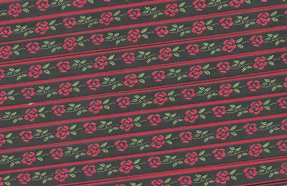 FLORAL A-11-B Jacquard Ribbon Poly Trim 3/8" wide (9mm) Narrow, Black Background Red Border w/Red Flowers & Green Stems, Per Yard