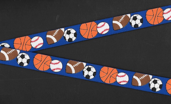 SPORTS/Game Balls E-01 Jacquard Ribbon Poly Trim 7/8" wide (22mm) Soccer Balls, Football, Basketballs & Baseballs on Royal Blue, Per Yard