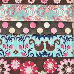 RIBBON PAK-93 Jacquard Ribbon Woven Polyester Trims 1yd comprimento de 5 designs em marrom, rosa, água, creme e branco, florais, pássaros, bolinhas