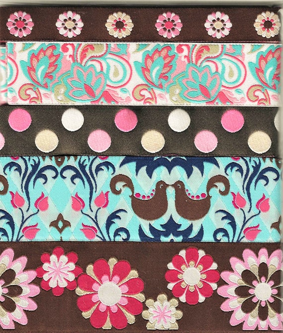 RIBBON PAK-93 Jacquard Ribbon Woven Polyester Trims 1yd length of 5 Designs in Brown, Pink, Aqua, Cream & White, Florals Birds Polka Dots