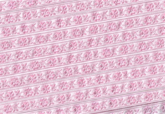 FLORAL A-27-A Jacquard Ribbon Polyester Trim, 3/8" Wide (9mm) Made in Germany, White w/Pale Pink Borders, Flowers and Leaves, Per Yard
