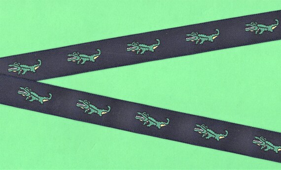 ANIMALS/Water E-01-B Jacquard Ribbon Poly Trim 7/8" Wide (22mm) Dark Navy Background w/Green Alligators, Yellow Accents, REMNANT 1yd long