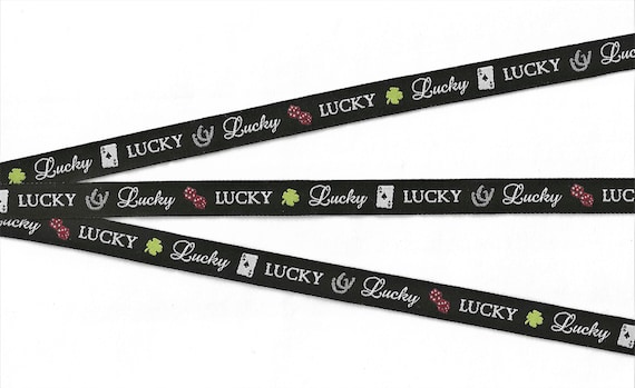 NOVELTY B-05-A Jacquard Ribbon Polyester Trim 1/2" wide (13mm) LUCKY WINNER! Black w/Phrases & Game Motifs, Priced Per Yard