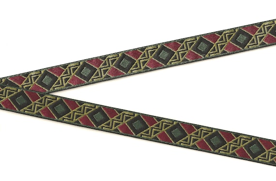GEOMETRIC D-28-A Jacquard Ribbon Polyester Trim 3/4" wide (20mm) Black Background w/Burgundy, Olive & Mustard Gold Diamond Pattern