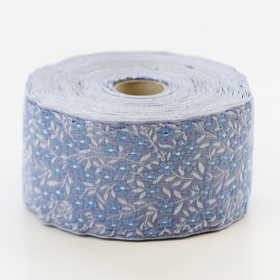 KAFKA K-02/03 Jacquard Ribbon Woven Organic Cotton Trim 2" wide (50mm) Blue w/Blue & White Forget-Me-Nots, Pale Blue Leaves