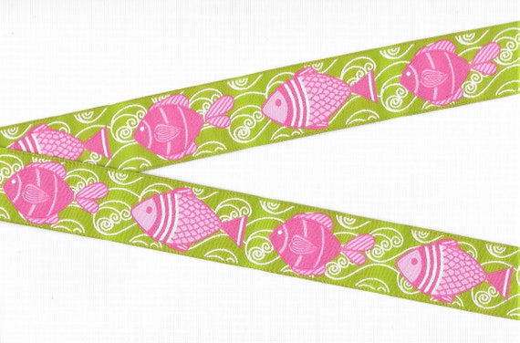 ANIMALS/Water G-17-A Jacquard Ribbon Poly Trim 1-1/8" wide (28mm) Douglas Paquette, Lime w/Bright Pink Fish, White Scrolls