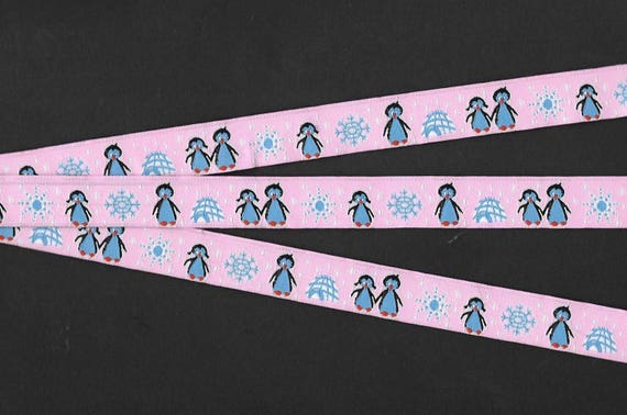 ANIMALS/Water C-09-A Jacquard Ribbon Poly Trim 5/8" Wide (16mm) Pale Pink w/Blue Penguins, Blue Snowflakes and White Igloos