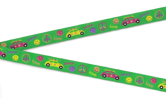 NOVELTY/Vehicles C-01-A Jacquard Ribbon Poly Trim 5/8" wide (16mm) Green w/Hippy Boho Emblems