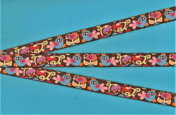 ANIMALS/Birds C-11-A Jacquard Ribbon Poly Trim 5/8" Wide (16mm) Brown Background w/Multi-Colored Birds & Flowers