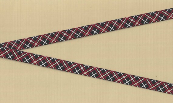 PLAIDS B-03-A Jacquard Ribbon Poly Trim 1/2" wide (13mm) Douglas Paquette, "Piccadilly Plaid" in Black w/Brown, Red & White