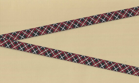 PLAIDS B-03-A Jacquard Ribbon Poly Trim 1/2" wide (13mm) Douglas Paquette, "Piccadilly Plaid" in Black w/Brown, Red & White