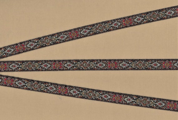 METALLIC A-10-A Jacquard Ribbon Poly Trim, 3/8" wide (9mm) Shades of Olive, Red, Beige and Gray, Metallic Gold