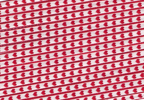 HEARTS A-03-A Jacquard Ribbon Rayon Trim 1/4" wide (6mm) RARE Sweet Tiny Petite Red Hearts/Red Borders on a White Background