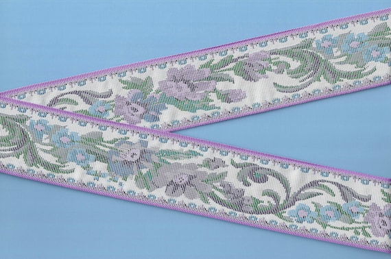 FLORAL TAPESTRY M-08-G (2) Jacquard Ribbon Poly Trim 2-1/8" Wide (54mm) White Background, Lilac/Purple/Blue Flowers, Green Leaves, Per Yard