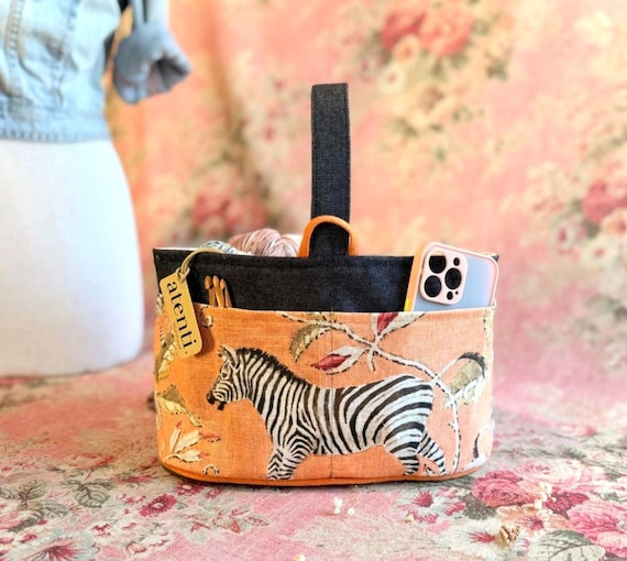 ATENTI "SAVANNAH" Peach w/Zebras, 8-Pocket Short Bucket Needle Arts/Knitting Bag, Handmade USA