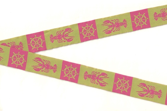 ANIMALS/Water E-36-A Jacquard Ribbon Poly Trim 7/8" wide (22mm) REVERSIBLE Green/Pink Lobsters in Block Design w/Captain's Wheels, Nautical