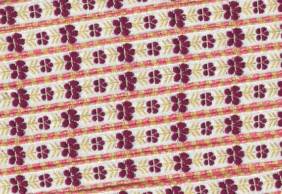 FLORAL B-27-F Jacquard Ribbon Woven Cotton Trim 1/2" wide (13mm) Ivory w/Peach & Mustard Check Border Burgundy Pansies Gold Leaves