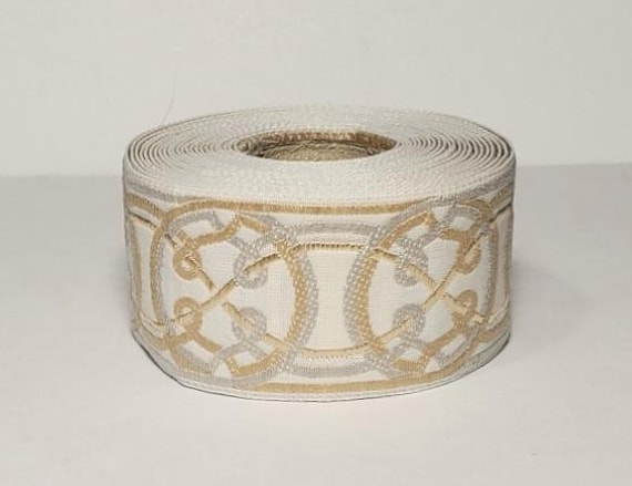 KAFKA G-11/19 Jacquard Ribbon Woven Organic Cotton Trim 1-1/4" wide (32mm) Ivory w/Lt Gray, Beige & Cream Celtic Circles
