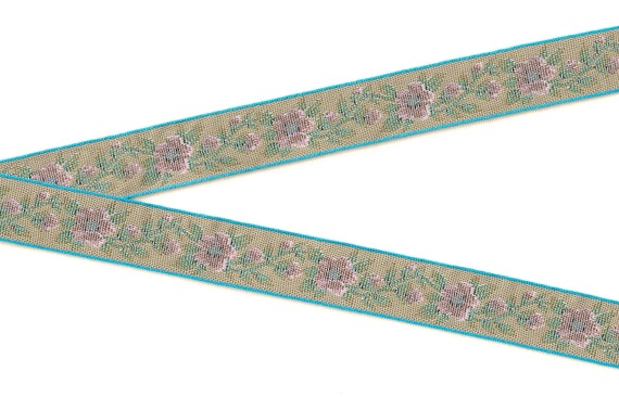FLORAL TAPESTRY E-01-A Jacquard Ribbon Poly Trim 7/8" wide (22mm) Lt Beige, Turquoise Borders, Pink Flowers, Blue Leaves, Iridescent Accents