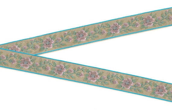 FLORAL TAPESTRY E-01-A Jacquard Ribbon Poly Trim 7/8" wide (22mm) Beige w/Turquoise Borders, Pink Flowers, Blue Leaves w/Iridescent Accents