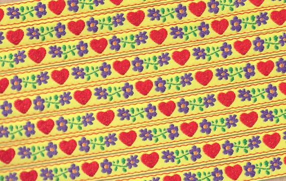 HEARTS/FLOWERS C-02-F Jacquard Ribbon Cotton Trim 5/8" wide (16mm) Made in France, Yellow w/Red Hearts, Purple Flowers