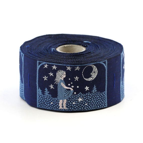 KAFKA H-09/01 Jacquard Ribbon Woven Organic Cotton Trim 1-5/8" wide (42mm) "Stargazer" Little Girl w/Apron, Blue w/Gold Stars Moon