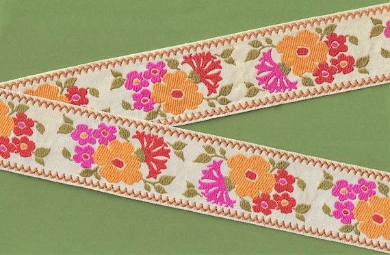 VINTAGE FLORAL K-29-A Jacquard Ribbon Cotton Trim, 2" Wide (50mm) From Europe, Yellow, Pink & Red Flowers on Beige, Olive Accents, Per Yard